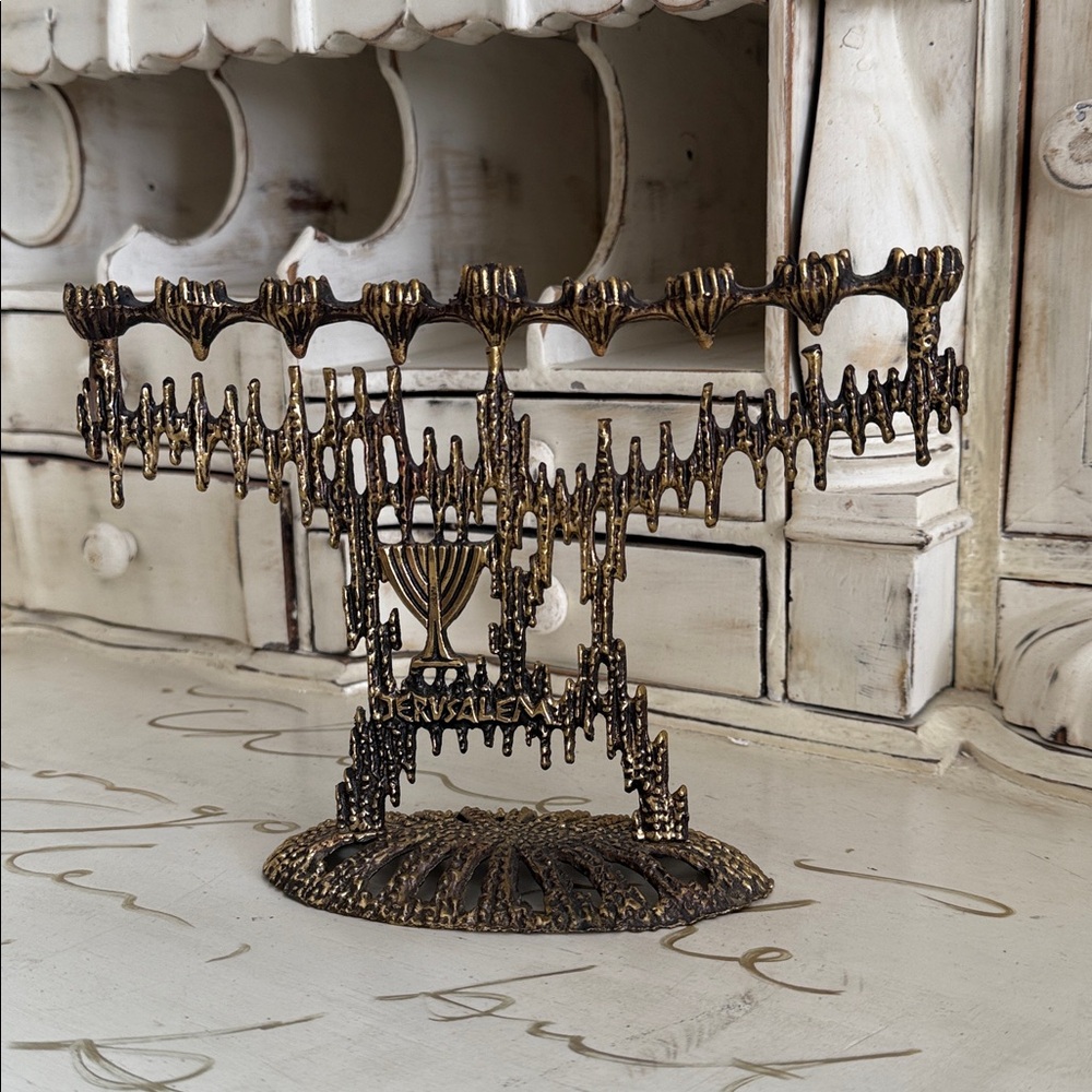 Vtg Wainberg Israel Brutalist Brass Menorah & Candles